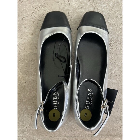 Guess Silver Black Ankle Buckle Cap Toe Small Block Heel Size 8 M City Event - Picture 5 of 10